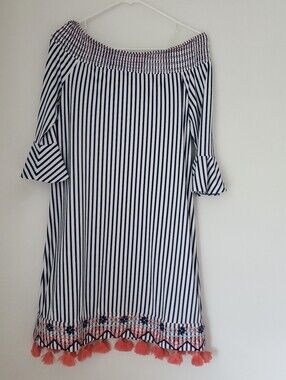 Cabana Life Off Shoulder Striped Dress Size M Coral Tassels Embroidered Nautical